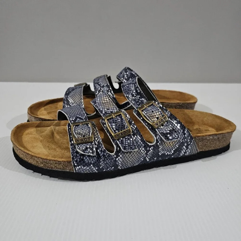 Naot Triple Buckle Snake-Print Slide Sandals in Black and Gray